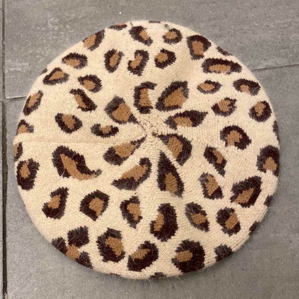 Leopard Print Cashmere Mohair Beret 11" Like New